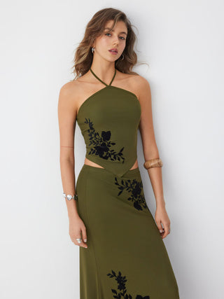 Mesh Floral Applique Halter Top & Mid Rise Maxi Skirt Set