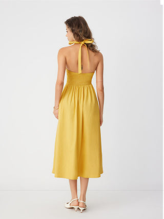 Linen-blend Halter Neckline Flared Maxi Dress
