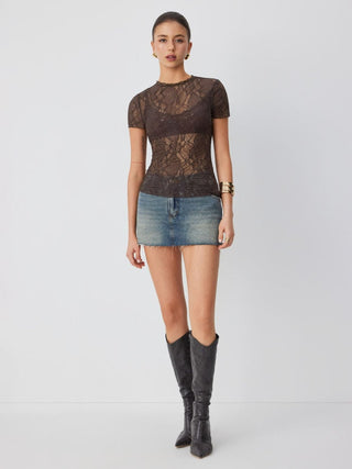 Lace Sheer Lettuce Trim Short Sleeve Tee