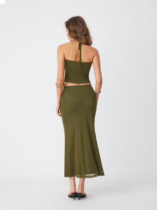 Mesh Floral Applique Halter Top & Mid Rise Maxi Skirt Set