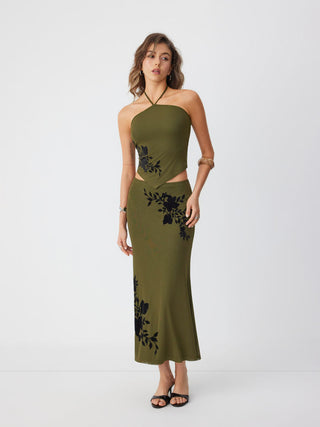 Mesh Floral Applique Halter Top & Mid Rise Maxi Skirt Set