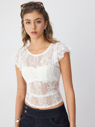 Lace Round Neckline See-Through Short Sleeve Top