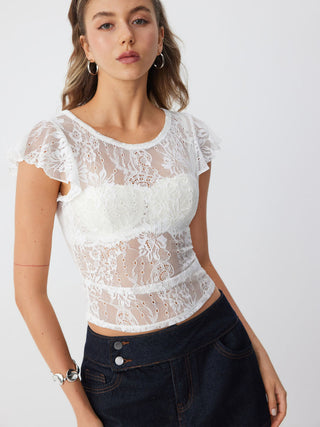 Lace Round Neckline See-Through Short Sleeve Top