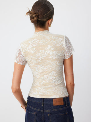 Lace Mandarin Collar Lace Short Sleeve Top