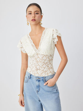 Lace Floral V-neck Ruffle Sleeve Lace Panel Shirt Bodysuit