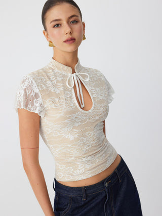Lace Mandarin Collar Lace Short Sleeve Top