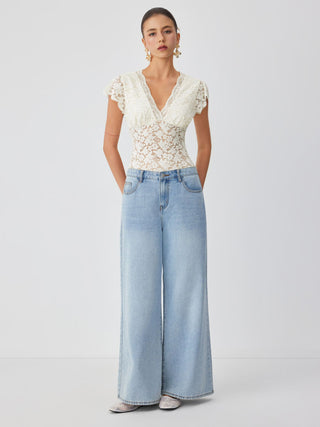 Lace Floral V-neck Ruffle Sleeve Lace Panel Shirt Bodysuit