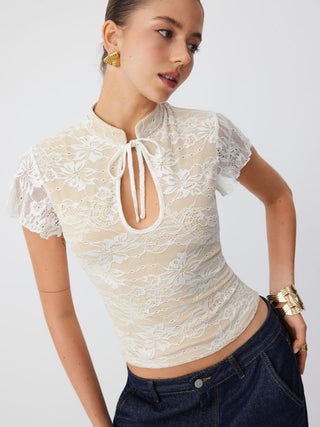 Lace Mandarin Collar Lace Short Sleeve Top