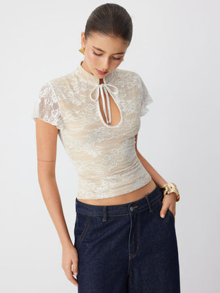 Lace Mandarin Collar Lace Short Sleeve Top
