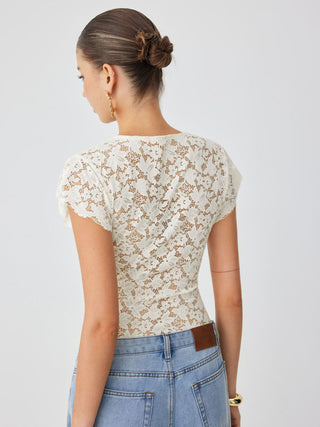 Lace Floral V-neck Ruffle Sleeve Lace Panel Shirt Bodysuit