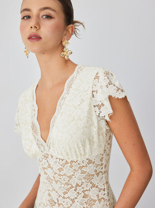 Lace Floral V-neck Ruffle Sleeve Lace Panel Shirt Bodysuit