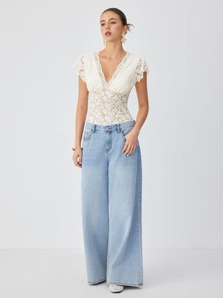 Lace Floral V-neck Ruffle Sleeve Lace Panel Shirt Bodysuit