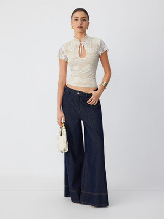Lace Mandarin Collar Lace Short Sleeve Top