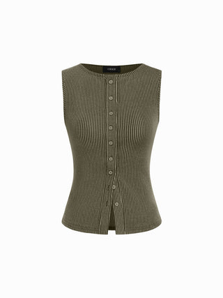 Round Neckline Stripe Button Through Tank Top