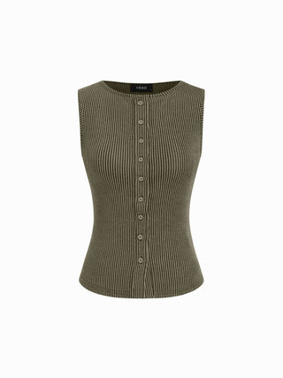 Round Neckline Stripe Button Through Tank Top