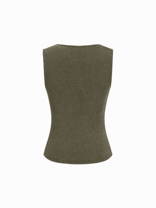 Round Neckline Stripe Button Through Tank Top