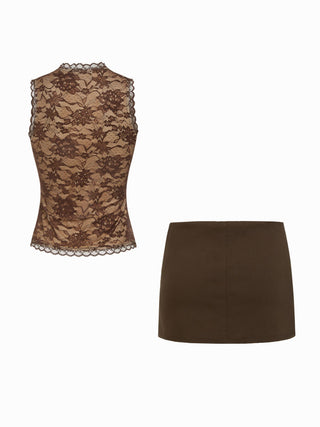 Lace Cut Out Halter Neck Top & Low Rise A-line Mini Skirt Set