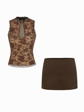 Lace Cut Out Halter Neck Top & Low Rise A-line Mini Skirt Set