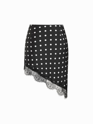 Satin Low Rise Polka Dot Lace Trim Asymmetrical Hem Mini Skirt