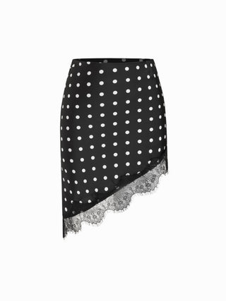 Satin Low Rise Polka Dot Lace Trim Asymmetrical Hem Mini Skirt