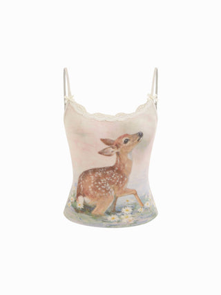 Jacquard Deer Graphic Scoop Neck Lace Trim Bowknot Cami Top