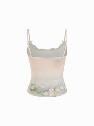 Jacquard Deer Graphic Scoop Neck Lace Trim Bowknot Cami Top