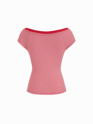 Striped Boat Neck Short Sleeve Bowknot Tee