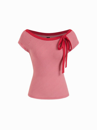 Striped Boat Neck Short Sleeve Bowknot Tee