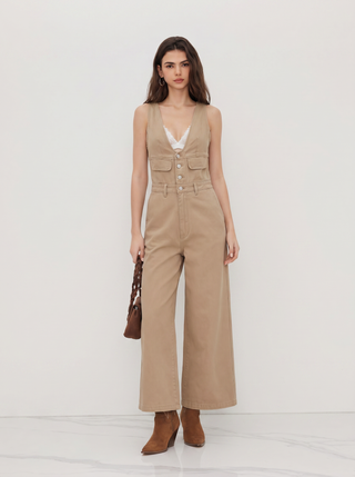 Denim V-neck Button Pocket Wide Leg Jumpsuit