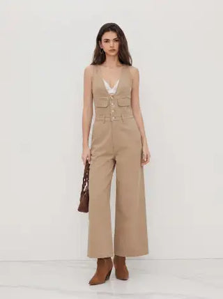 Denim V-neck Button Pocket Wide Leg Jumpsuit
