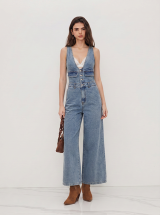 Denim V-neck Button Pocket Wide Leg Jumpsuit