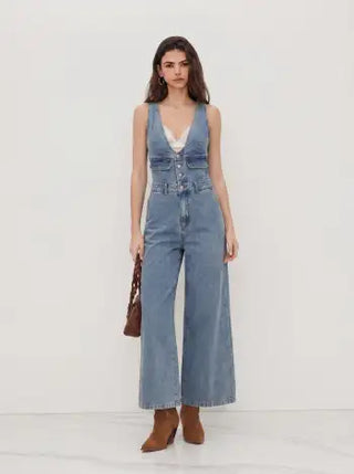 Denim V-neck Button Pocket Wide Leg Jumpsuit
