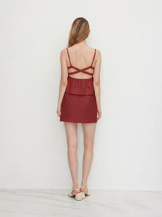 Linen-blend Ruched Criss Cross Backless Cami Top With Mini Skirt Set