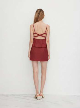 Linen-blend Ruched Criss Cross Backless Cami Top With Mini Skirt Set
