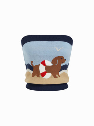Knit Cotton Dog Graphic Strapless Embroidery Bandeau Top