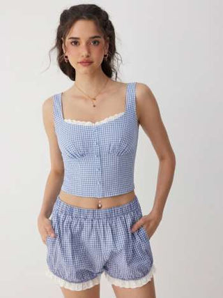 Woven Cotton Square Neck Lace Panel Gingham Top & Mid Rise Bubble Hem Shorts Set For Daily Casual