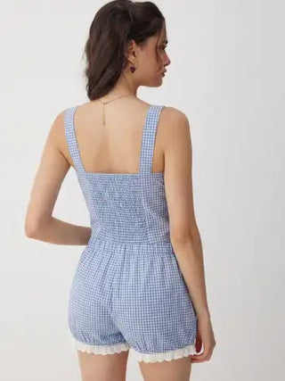 Woven Cotton Square Neck Lace Panel Gingham Top & Mid Rise Bubble Hem Shorts Set For Daily Casual
