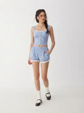 Woven Cotton Square Neck Lace Panel Gingham Top & Mid Rise Bubble Hem Shorts Set For Daily Casual