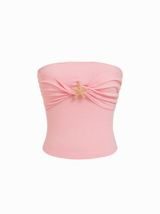 Strapless Ruched Lace Trim Starfish Metal Detail Bandeau Top
