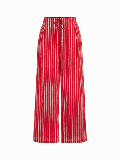 Cotton-blend Mid Rise Striped Drawstring Straight Leg Trousers