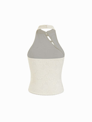 Jacquard Floral Lace Halter Neckline Bowknot Tank Top