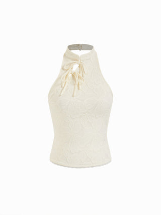 Jacquard Floral Lace Halter Neckline Bowknot Tank Top