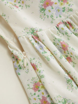 Floral Square Neck Bowknot Ruched Flared Maxi Tank Dress