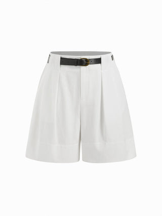 Cotton-blend Mid Rise Pleated Shorts With Belt