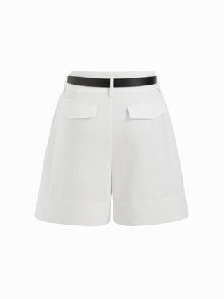 Cotton-blend Mid Rise Pleated Shorts With Belt