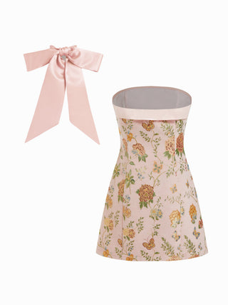 Jacquard Floral Bandeau A-line Mini Dress With Bowknot Scarf