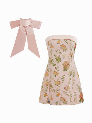 Jacquard Floral Bandeau A-line Mini Dress With Bowknot Scarf