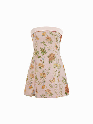 Jacquard Floral Bandeau A-line Mini Dress With Bowknot Scarf