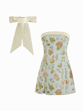 Jacquard Floral Bandeau A-line Mini Dress With Bowknot Scarf