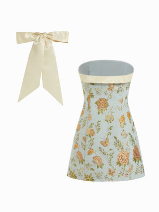 Jacquard Floral Bandeau A-line Mini Dress With Bowknot Scarf
